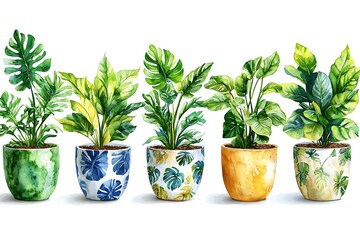 Obraz premium Five potted tropical plants with patterned pots