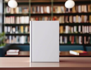 white book with blank cover standing on table in bookstore blurred shelves on backdrop mock up