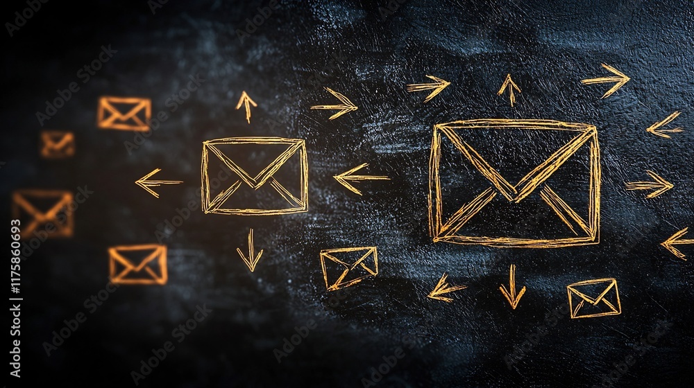 Poster moody dynamic social media networking concept with freehand drawn envelopes and arrows abstract digi