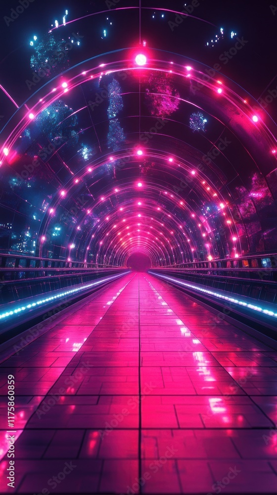 Poster futuristic neon tunnel with glowing lights and colorful reflections creating an enchanting atmospher
