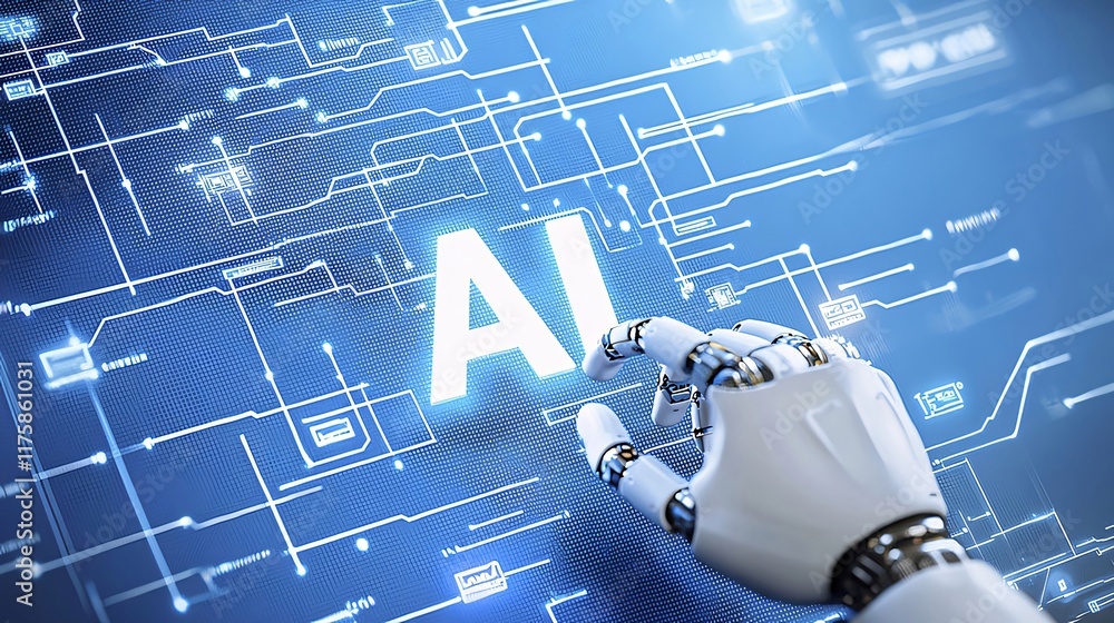 Poster robotic hand interacts with ai interface on a digital screen.