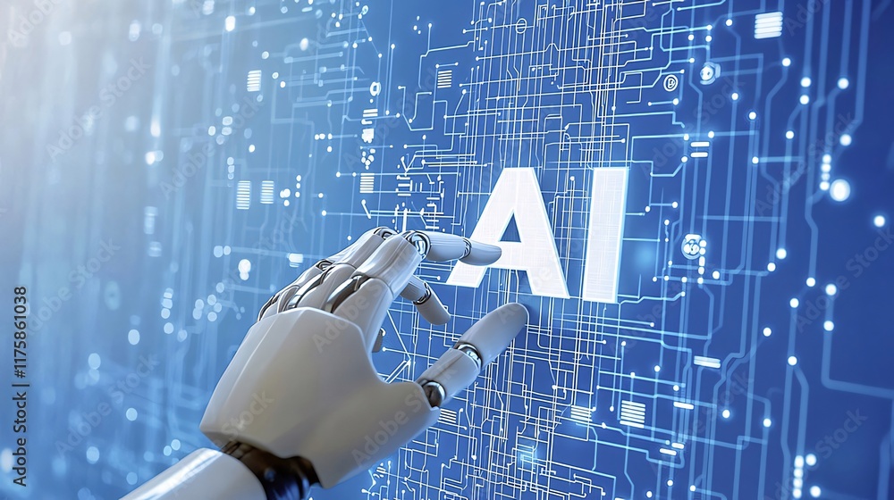 Poster robotic hand interacts with ai interface.