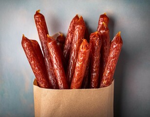 smoked pepperoni sticks in craft paper bag tasty food delicious snack