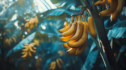 A banana tree with ripe yellow bananas hanging in a cluster
