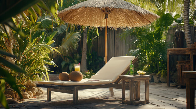 A cozy sun lounger under a straw umbrella, with a coconut drink resting on a side table