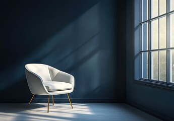 A modern white chair stands against the background of dark blue walls and parquet floor, next to an open window with natural light