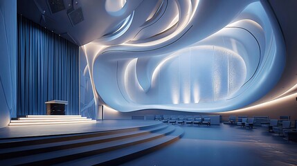 Modern, minimalist interior design of a hall with curved walls, stage, and seating.