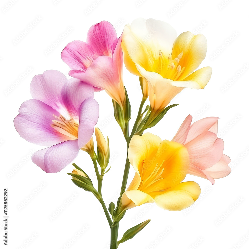 Poster vibrant freesia flowers in various colors isolated on a bright transparent background creating an el