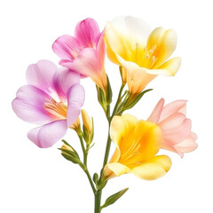 Fototapeta premium Vibrant freesia flowers in various colors isolated on a bright transparent background creating an elegant floral display, vibrant freesia in style, isolated on a transparent background
