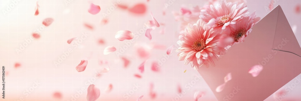 Poster pink flowers emerge from a white envelope with falling petals in a soft pastel background. generativ