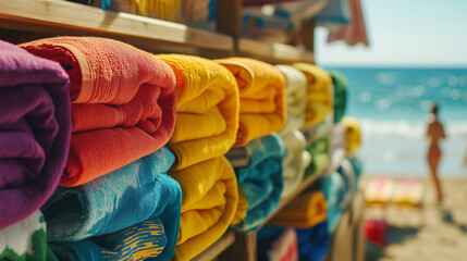 A row of colorful beach towels folded neatly on a wooden shelf