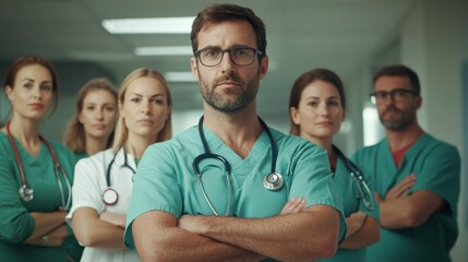 Doctors and nurses are standing with crossed arms in a hospital corridor, exuding professionalism and teamwork, ready to provide excellent healthcare