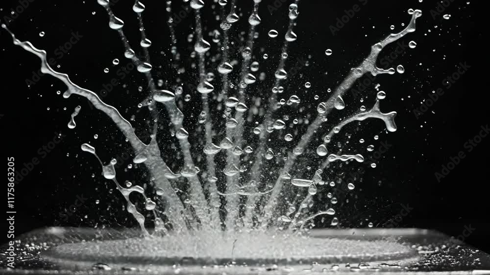 Aufkleber water splashes dynamically against a surface creating intricate patterns under dramatic lighting