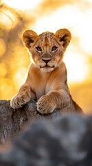 Obraz premium Lion cub sitting on top of rock in front of yellow-orange sky with trees in background