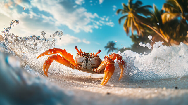 A crab scuttling across the sand near the waterline