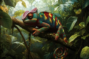 kameleon, zmiana koloru, dżungla, natura, zieleń, tropikalne, ochrona środowiska, dzikie zwierzęta, fauną, egzotyka, adaptacja, makro, szczeg&oacute;ły, ekologia, biotopy, tropikalny krajobraz, roślinność, t