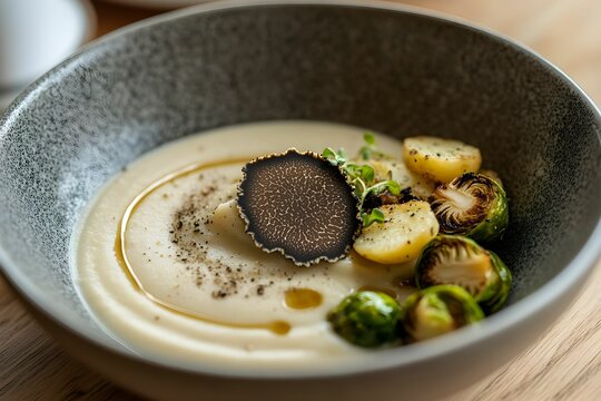 krem z grzyb&oacute;w, puree ziemniaczane, brukselka, trufla, eleganckie danie, talerz gourmet, nowoczesna kuchnia, fine dining, grzyby leśne, ziemniaki, dekoracja kulinarna, świeże składniki, kuchnia wykwin
