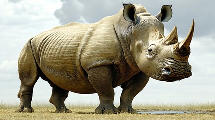 Obraz premium Large, imposing white rhinoceros stands majestically in open savanna landscape.