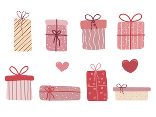Set of cute hand-drawn gift boxes with hearts and bows in pink and red tones. For Valentine's Day