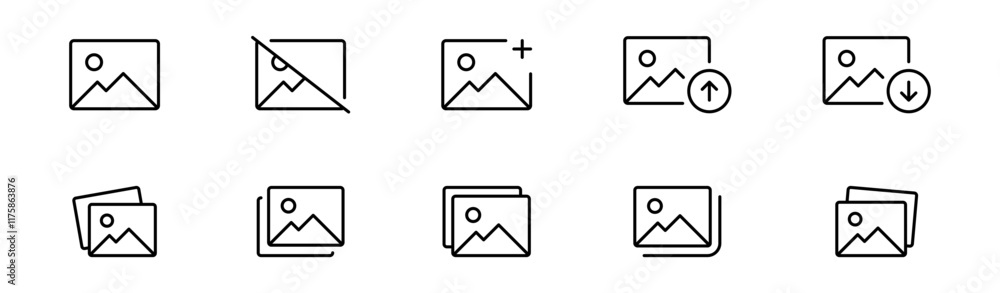 Poster gallery icon vector set, photo album icon, image picture symbol. thin line gallery photo outline ico