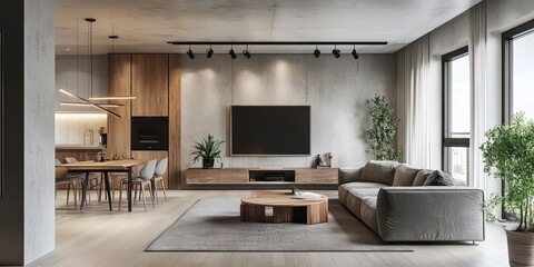 Modern open concept living room, industrial loft apartment, exposed concrete ceiling, large windows, natural light, wooden floors, gray sectional sofa, wooden coffee table, minimalist TV unit, indoor 