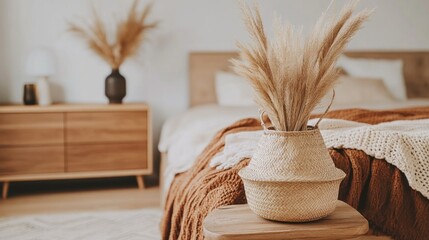 Fototapeta premium Cozy bedroom with pampas grass in a woven basket on a wooden side table.