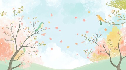 Obraz premium Colorful hand drawn doodle of birds on branches surrounded by autumn leaves in a serene landscape. Generative AI
