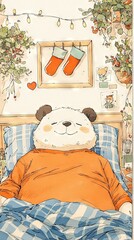   A  bear lounges in a bed with a Christmas stocking on a wall