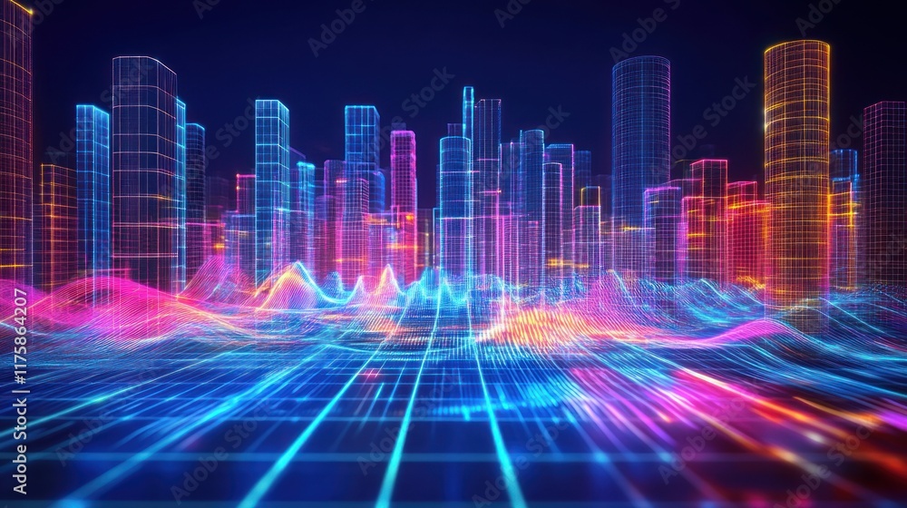Poster vibrant digital cityscape with colorful neon lines and abstract wave patterns creating a futuristic 