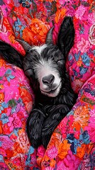   Black & white goat on pink/orange flowers