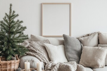 Cozy living room with Christmas tree, blank frame, and neutral pillows.