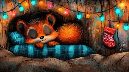   A painting of a red panda napping on a blue cushion with a Christmas stocking dangling beside it
