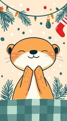   A Christmas card featuring a beaver with his paws crossed in front of a festive Christmas tree adorned with a stocking