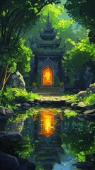 Enchanting Asian Pagoda Reflected in Serene Lily Pond Surrounded by Lush Verdant Forest Landscape  Tranquil Spiritual and Mystical Atmosphere of Oriental Architecture in Natural Setting