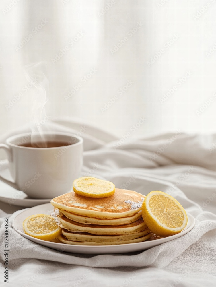Poster Breakfast of fluffy pancakes with lemon slices and a steaming cup of coffee on a soft tablecloth. Generative AI