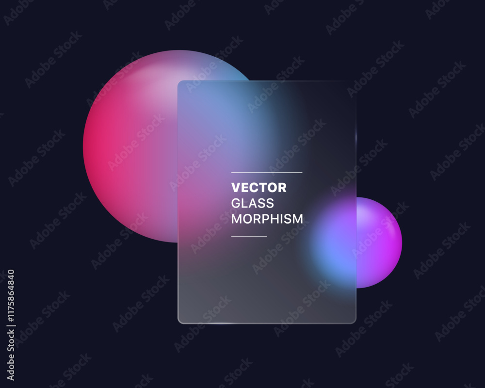 Poster glassmorphism background banner with transparent glass frame template . Realistic Frosted glass morphism effect with blurred abstract gradient circle shapes. Vector illustration