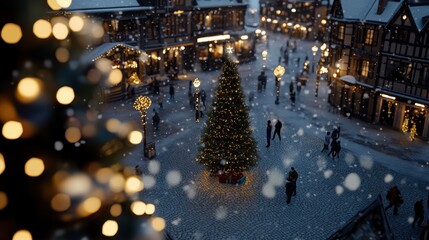 Obraz premium Festive christmas village square with lights and snowfall - perfect for holiday decor and greeting cards