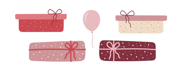 Valentine's Day gift boxes set with ribbons, vector illustration in flat style