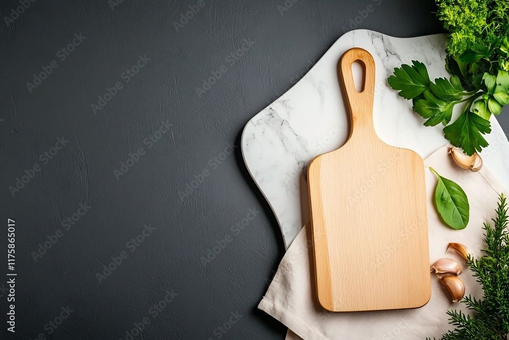 Poster elegant marble tabletop featuring a simple wooden chopping board and delicate linen cloth creating a