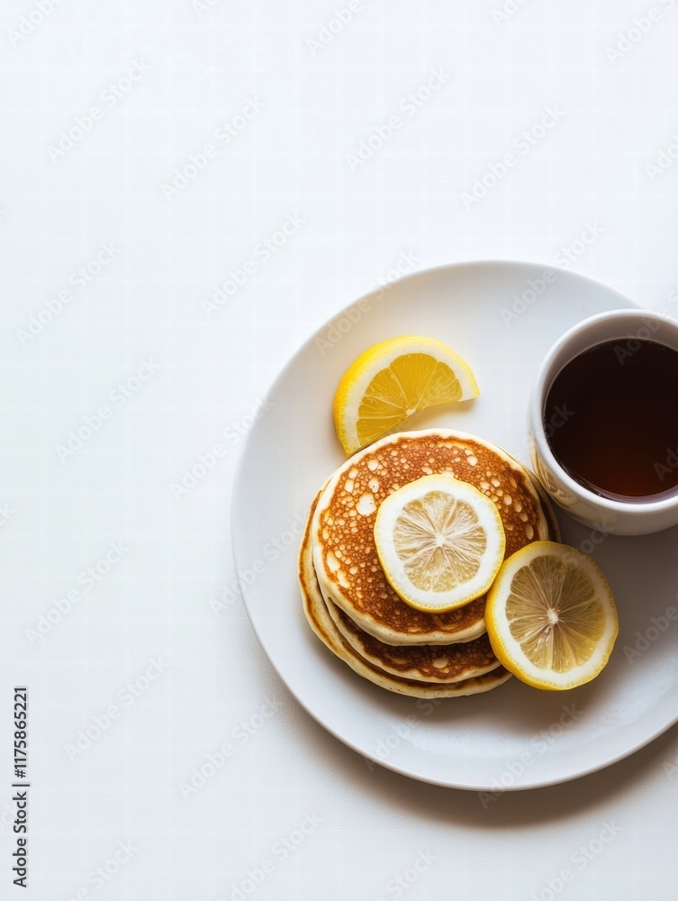 Poster pancakes with lemon slices and a cup of hot beverage on a white plate and background during breakfas