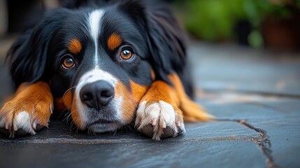 Close-Up of a Bernese Mountain Dog's Paw Resting on a Wooden Surface