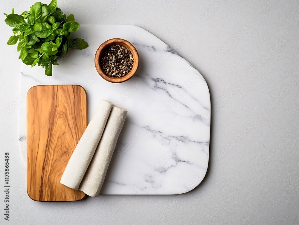 Aufkleber an overhead shot of a refined marble tabletop displaying a natural wood cutting board and soft fabri