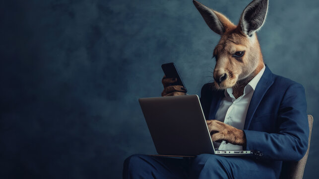Kangaroo in business suit with laptop and phone. Business technology humor concept
