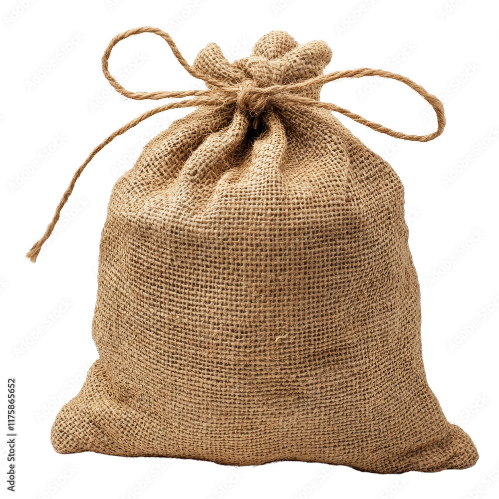 Poster an empty burlap sack with a tied closure on a plain background ready for various storage uses, empty