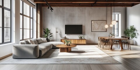 Modern open concept living room, industrial loft apartment, exposed concrete ceiling, large windows, natural light, wooden floors, gray sectional sofa, wooden coffee table, minimalist TV unit, indoor 