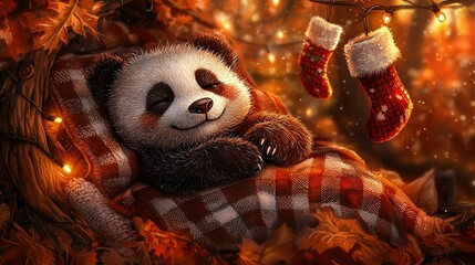 Obraz premium A Christmas-themed panda bear painting, featuring the bear relaxing on a blanket with a festive stocking draped over its shoulder