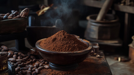 A rustic setup with raw cocoa beans being ground into a fine powder