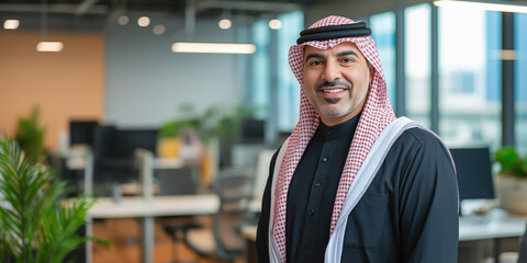 Fototapeta premium Middle eastern businessman smiling in modern office. Business management