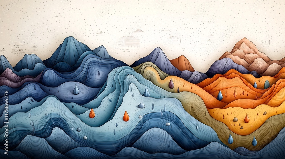 Poster striking topographic map highlighting the fluid dynamics of rainfall patterns with colorful contour 