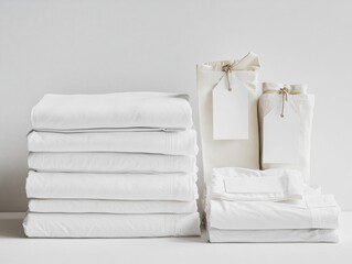 Neat stack of white bedding sheets and pillowcases with blank gift bags.